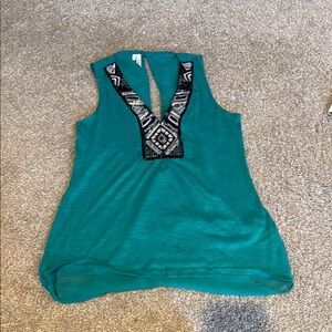 Studio Y Blue Sleeveless Tank Top with Embellished Neckline
